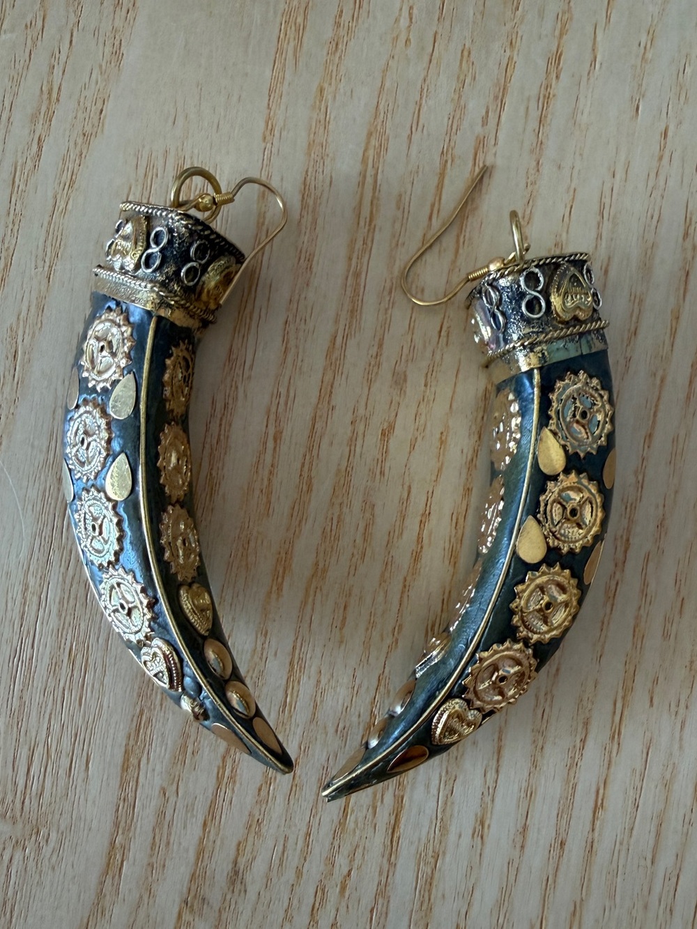 Black and Gold Ornate Horn Drop Earrings - Women Jewelry